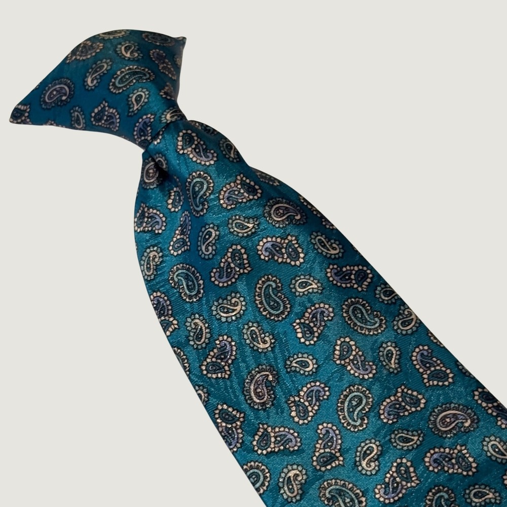 David Taylor Clip On Tie Teal Blue Paisley Pattern Vintage Necktie 19x3.75"